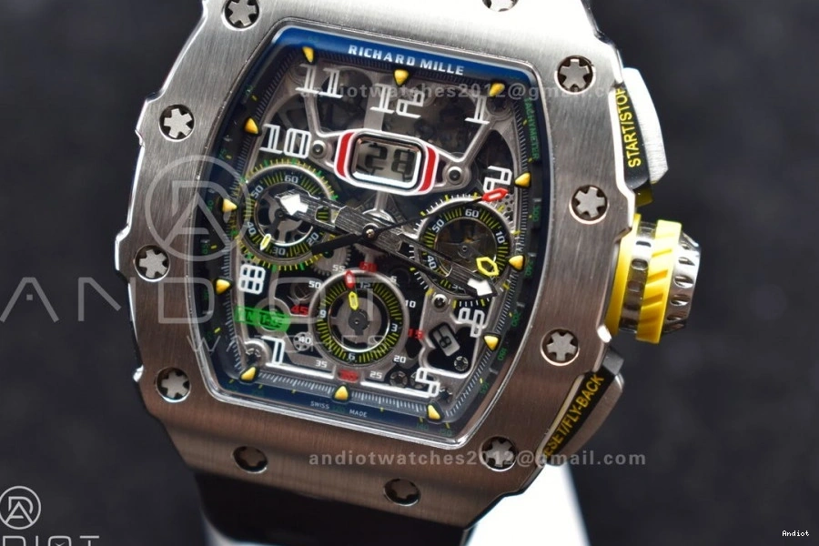 SS A7750 1:1 Crystal KVF Black Dial Black RM011 Chrono on Strap Best V3 Edition Rubber 0121